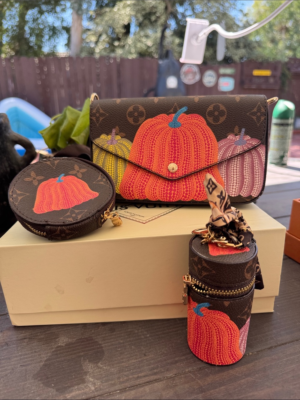 Brown Monogram Crossbody Trio with Orange & Pink Pumpkin Print
